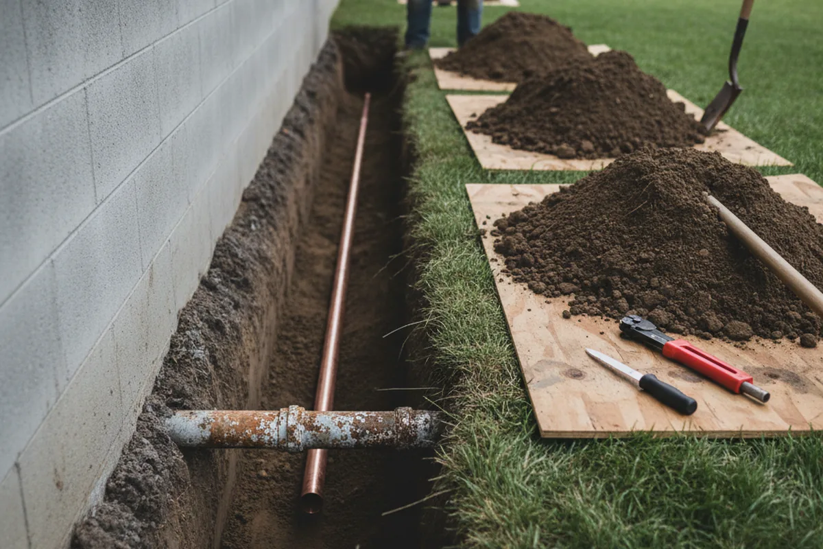 Excavated water line trench during Water Heater Repair in Meredosia